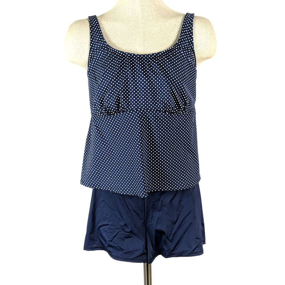 Lands End Tankini Top Shorts Navy Blue White Polka Dot Size 16W  18 DD Cup
